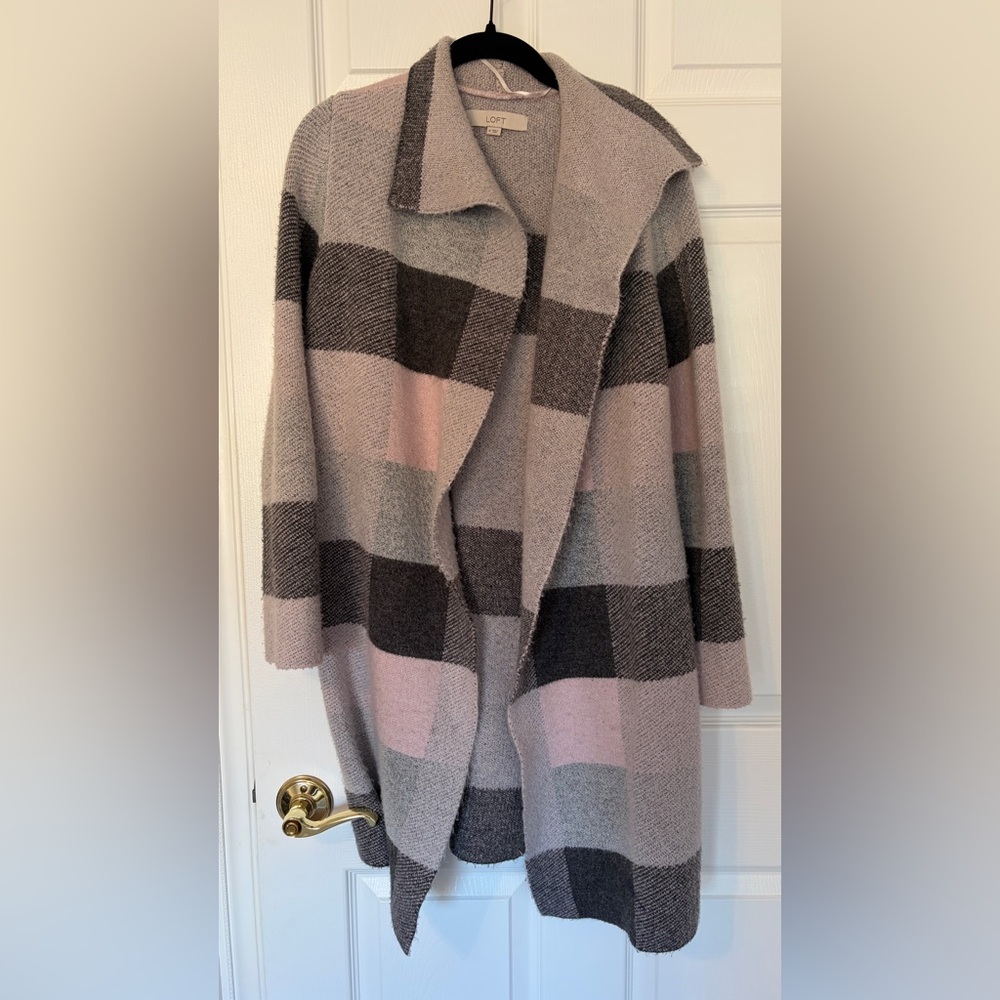 LOFT Pink and Gray Plaid Sweater
